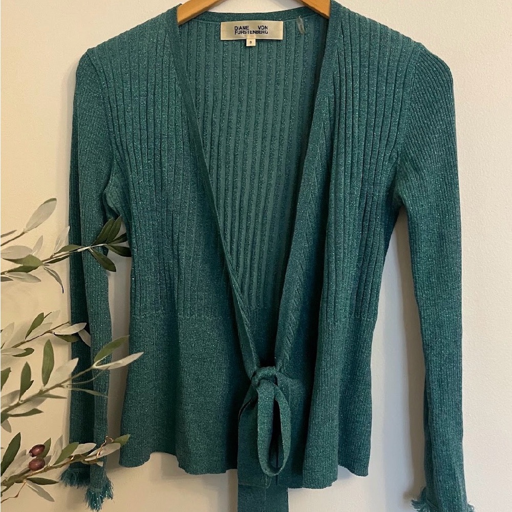 Diane Von Furstenberg Teal Tie-Front Cardigan